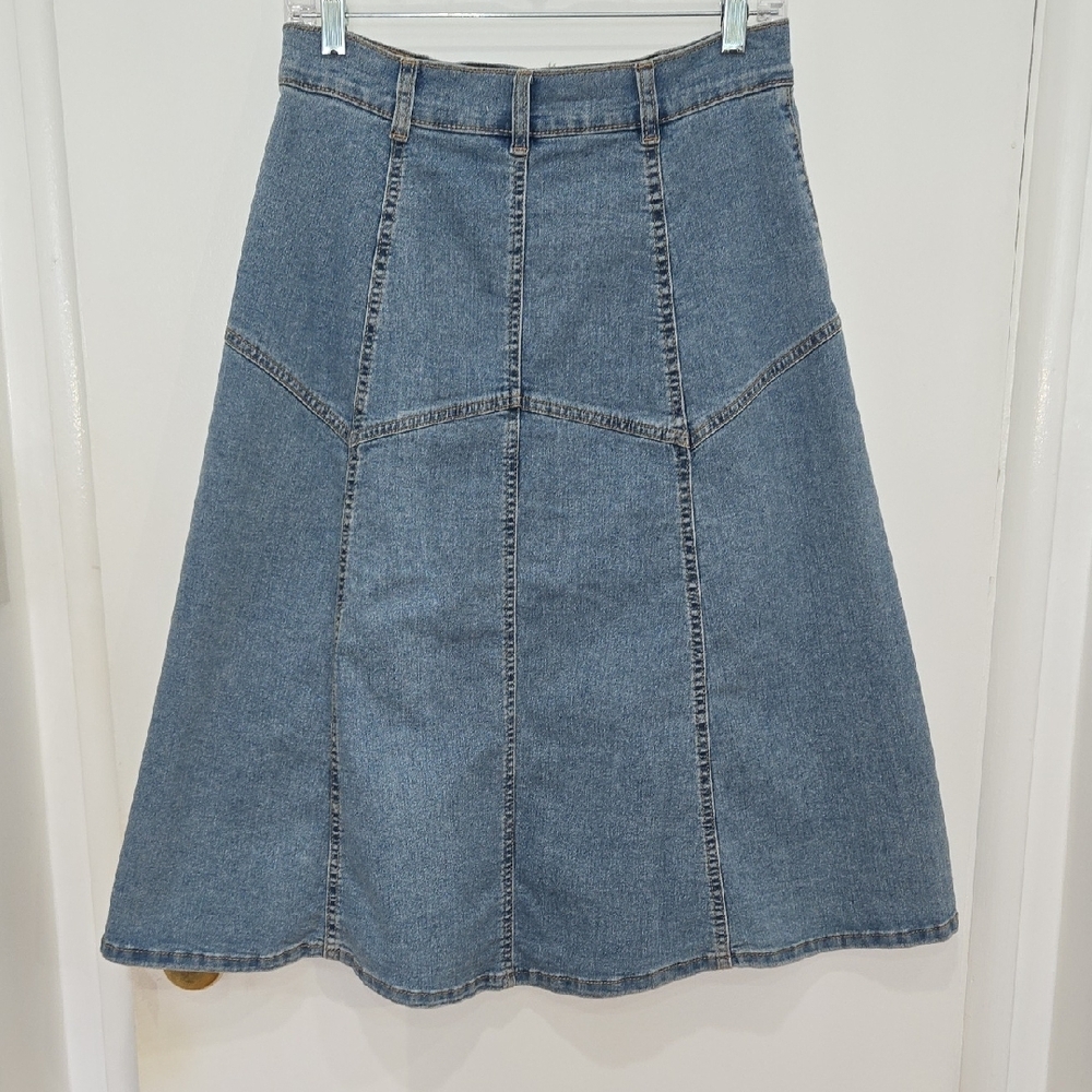 Jessica Simpson A-Line Horizontal Paneled Midi Denim Blue Skirt Size 6 - Picture 5 of 7